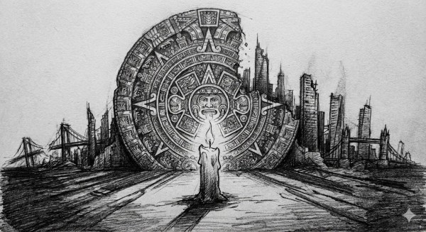 A gritty black-and-white pencil sketch featuring a single burning candle in the foreground. The background is a surreal blend of a crumbling ancient Aztec sun stone and a ruined modern city skyline with broken skyscrapers and bridges.